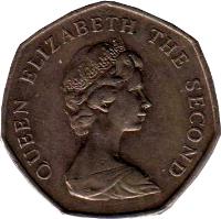obverse of 50 Pence - Elizabeth II - Larger; 2'nd Portrait (1980 - 1995) coin with KM# 14.1 from Falkland Islands. Inscription: QUEEN ELIZABETH THE SECOND