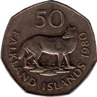 reverse of 50 Pence - Elizabeth II - Larger; 2'nd Portrait (1980 - 1995) coin with KM# 14.1 from Falkland Islands. Inscription: 50 FALKLAND ISLANDS 1985