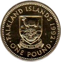 Falkland Islands coin 1 Pound - Elizabeth II - 3'rd Portrait (1987 - 2000) reverse reverse of 1 Pound - Elizabeth II - 3'rd Portrait (1987 - 2000) coin with KM# 24 from Falkland Islands. Inscription: FALKLAND ISLANDS 1987 · ONE POUND ·