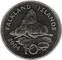 reverse of 10 Pence - Elizabeth II - 4'th Portrait (2004) coin with KM# 133 from Falkland Islands. Inscription: FALKLAND ISLANDS 10 2004 WG