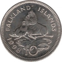Falkland Islands coin 10 Pence - Elizabeth II - Smaller; 2'nd Portrait (1998 - 1999) reverse reverse of 10 Pence - Elizabeth II - Smaller; 2'nd Portrait (1998 - 1999) coin with KM# 5.2 from Falkland Islands. Inscription: FALKLAND ISLANDS 1998 10