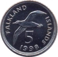 reverse of 5 Pence - Elizabeth II - Smaller; 2'nd Portrait (1998 - 1999) coin with KM# 4.2 from Falkland Islands. Inscription: FALKLAND ISLANDS 5 1998