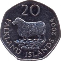 reverse of 20 Pence - Elizabeth II - 4'th Portrait (2004) coin with KM# 134 from Falkland Islands. Inscription: 20 FALKLAND ISLANDS 2004