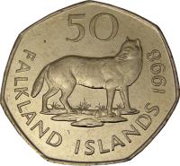 reverse of 50 Pence - Elizabeth II - Smaller; 2'nd Portrait (1998 - 1999) coin with KM# 14.2 from Falkland Islands. Inscription: 50 FALKLAND ISLANDS 1998