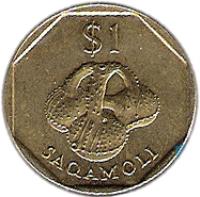 reverse of 1 Dollar - Elizabeth II - 3'rd Portrait (1995 - 2000) coin with KM# 73 from Fiji. Inscription: $1 SAQAMOLI