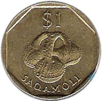 Fiji coin 1 Dollar - Elizabeth II - 3'rd Portrait (1995 - 2000) reverse reverse of 1 Dollar - Elizabeth II - 3'rd Portrait (1995 - 2000) coin with KM# 73 from Fiji. Inscription: $1 SAQAMOLI