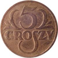 Poland coin 5 Groszy (1923 - 1939) reverse reverse of 5 Groszy (1923 - 1939) coin with Y# 10a from Poland. Inscription: 5 GROSZY