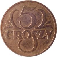 reverse of 5 Groszy (1923 - 1939) coin with Y# 10a from Poland. Inscription: 5 GROSZY