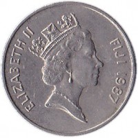 Fiji coin 10 Cents - Elizabeth II - 3'rd Portrait (1986 - 1987) obverse obverse of 10 Cents - Elizabeth II - 3'rd Portrait (1986 - 1987) coin with KM# 52 from Fiji. Inscription: ELIZABETH II FIJI 1987