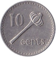 Fiji coin 10 Cents - Elizabeth II - 3'rd Portrait (1986 - 1987) reverse reverse of 10 Cents - Elizabeth II - 3'rd Portrait (1986 - 1987) coin with KM# 52 from Fiji. Inscription: 10 cents