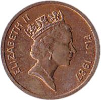 Fiji coin 1 Cent - Elizabeth II - 3'rd Portrait (1986 - 1987) obverse obverse of 1 Cent - Elizabeth II - 3'rd Portrait (1986 - 1987) coin with KM# 49 from Fiji. Inscription: ELIZABETH II FIJI 1986