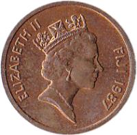 obverse of 1 Cent - Elizabeth II - 3'rd Portrait (1986 - 1987) coin with KM# 49 from Fiji. Inscription: ELIZABETH II FIJI 1986