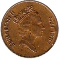 obverse of 2 Cents - Elizabeth II - 3'rd Portrait (1986 - 1987) coin with KM# 50 from Fiji. Inscription: ELIZABETH II FIJI 1987