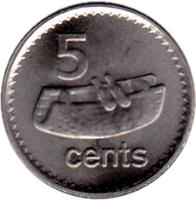 Fiji coin 5 Cents - Elizabeth II - 3'rd Portrait (2009 - 2010) reverse reverse of 5 Cents - Elizabeth II - 3'rd Portrait (2009 - 2010) coin with KM# 119 from Fiji. Inscription: 5 cents