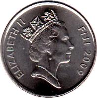 Fiji coin 20 Cents - Elizabeth II - 4'th Portrait (2009 - 2010) obverse obverse of 20 Cents - Elizabeth II - 4'th Portrait (2009 - 2010) coin with KM# 121 from Fiji. Inscription: ELIZABETH II FIJI 2009