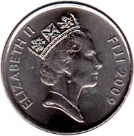 obverse of 20 Cents - Elizabeth II - 4'th Portrait (2009 - 2010) coin with KM# 121 from Fiji. Inscription: ELIZABETH II FIJI 2009