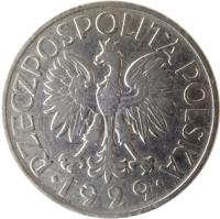 obverse of 1 Złoty (1929) coin with Y# 14 from Poland. Inscription: RZECZPOSPOLITA POLSKA · 1929 ·