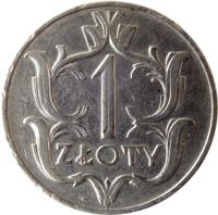 reverse of 1 Złoty (1929) coin with Y# 14 from Poland. Inscription: 1 ZŁOTY