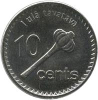 reverse of 10 Cents (2012 - 2013) coin with KM# 333 from Fiji. Inscription: I ulā tavatava 10 cents
