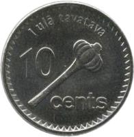 Fiji coin 10 Cents (2012 - 2013) reverse reverse of 10 Cents (2012 - 2013) coin with KM# 333 from Fiji. Inscription: I ulā tavatava 10 cents