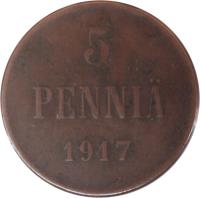 Finland coin 5 Penniä - Nicholas II - Civil War Coinage (1917) reverse reverse of 5 Penniä - Nicholas II - Civil War Coinage (1917) coin with KM# 17 from Finland. Inscription: 5 PENNIÄ 1917