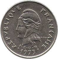 obverse of 10 Francs (1972 - 2005) coin with KM# 8 from French Polynesia. Inscription: RÉPUBLIQUE FRANÇAISE I · E · O · M 1986 R. JOLY