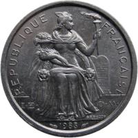 French Polynesia coin 2 Francs (1973 - 2014) obverse obverse of 2 Francs (1973 - 2014) coin with KM# 10 from French Polynesia. Inscription: REPUBLIQUE FRANÇAISE I · E · O · M · 2004 G.B.BAZOR