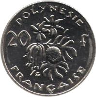 reverse of 20 Francs (1972 - 2005) coin with KM# 9 from French Polynesia. Inscription: POLYNESIE FRANÇAISE 20 f