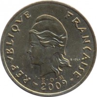 obverse of 100 Francs (2006 - 2013) coin with KM# 14a from French Polynesia. Inscription: REPUBLIQUE FRANÇAISE I · E · O · M 2009 R. JOLY