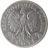 obverse of 2 Złote (1932 - 1934) coin with Y# 20 from Poland. Inscription: RZECZPOSPOLITA POLSKA 2 ZŁOTE 2