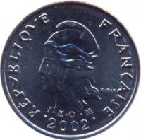 obverse of 10 Francs (2006 - 2014) coin with KM# 8a from French Polynesia. Inscription: REPUBLIQUE FRANÇAISE R JOLY I.E.O.M 2002