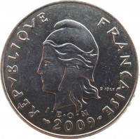 French Polynesia coin 20 Francs (2006 - 2013) obverse obverse of 20 Francs (2006 - 2013) coin with KM# 9a from French Polynesia. Inscription: REPUBLIQUE FRANÇAISE R. JOLY I · E · O · M 2009
