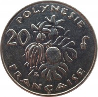 reverse of 20 Francs (2006 - 2013) coin with KM# 9a from French Polynesia. Inscription: POLYNESIE 20 f FRANÇAISE