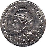obverse of 50 Francs (2006 - 2013) coin with KM# 13a from French Polynesia. Inscription: 2008