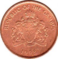 obverse of 1 Butut (1998) coin with KM# 54 from Gambia. Inscription: REPUBLIC OF THE GAMBIA PROGRESS PEACE PROSPERITY 1998