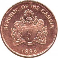 obverse of 5 Bututs (1998) coin with KM# 55 from Gambia. Inscription: REPUBLIC OF THE GAMBIA PROGRESS PEACE PROSPERITY 1998