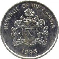 Gambia coin 50 Bututs (1998) obverse obverse of 50 Bututs (1998) coin with KM# 58 from Gambia. Inscription: REPUBLIC OF THE GAMBIA PROGRESS PEACE PROSPERITY 1998