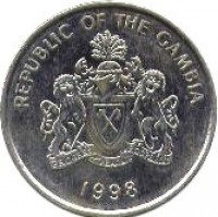 obverse of 50 Bututs (1998) coin with KM# 58 from Gambia. Inscription: REPUBLIC OF THE GAMBIA PROGRESS PEACE PROSPERITY 1998