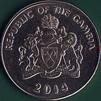 obverse of 50 Bututs (2008 - 2016) coin with KM# 58a from Gambia. Inscription: REPUBLIC OF THE GAMBIA PROGRESS PEACE PROSPERITY 2008