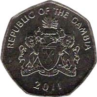obverse of 1 Dalasi (2008 - 2016) coin with KM# 59a from Gambia. Inscription: REPUBLIC OF GAMBIA PROGRESS PEACE PROSPERITY 2011