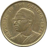 obverse of 10 Bututs (1971) coin with KM# 10 from Gambia. Inscription: REPUBLIC OF THE GAMBIA ~ 1971