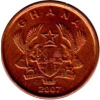 obverse of 1 Pesewa (2007) coin with KM# 37 from Ghana. Inscription: GHANA 2007