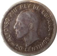 Spain coin 50 Centimos - Alfonso XIII - 6'th Portrait (1926) obverse obverse of 50 Centimos - Alfonso XIII - 6'th Portrait (1926) coin with KM# 741 from Spain. Inscription: ALFONSO XIII REY DE ESPAÑA 50 CENTIMOS