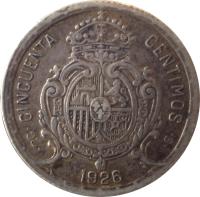 reverse of 50 Centimos - Alfonso XIII - 6'th Portrait (1926) coin with KM# 741 from Spain. Inscription: · PC · CINCUENTA CENTIMOS 1926 · S ·