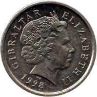 Gibraltar coin 5 Pence - Elizabeth II - 4'th Portrait (1998 - 2003) obverse obverse of 5 Pence - Elizabeth II - 4'th Portrait (1998 - 2003) coin with KM# 775 from Gibraltar. Inscription: GIBRALTAR ELIZABETH II 2000