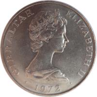 Gibraltar coin 25 New Pence - Elizabeth II - Silver Wedding (1972) obverse obverse of 25 New Pence - Elizabeth II - Silver Wedding (1972) coin with KM# 6 from Gibraltar. Inscription: GIBRALTAR ELIZABETH II · 1972 ·