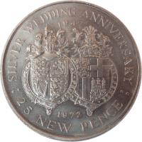 Gibraltar coin 25 New Pence - Elizabeth II - Silver Wedding (1972) reverse reverse of 25 New Pence - Elizabeth II - Silver Wedding (1972) coin with KM# 6 from Gibraltar. Inscription: SILVER WEDDING ANNIVERSARY 1947 1972 : 25 NEW PENCE :