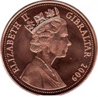 obverse of 2 Pence - Elizabeth II - The Anglo-American Operation Torch 1942 - 3'rd Portrait (2005 - 2011) coin with KM# 1065 from Gibraltar. Inscription: ELIZABETH II GIBRALTAR 2009