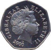 obverse of 50 Pence - Elizabeth II - 4'th Portrait (1998 - 2003) coin with KM# 778 from Gibraltar. Inscription: GIBRALTAR ELIZABETH II 2000