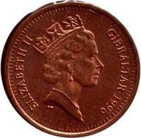 Gibraltar coin 1 Penny - Elizabeth II - 3'rd Portrait (1995 - 1997) obverse obverse of 1 Penny - Elizabeth II - 3'rd Portrait (1995 - 1997) coin with KM# 20a from Gibraltar. Inscription: ELIZABETH II GIBRALTAR · 1995